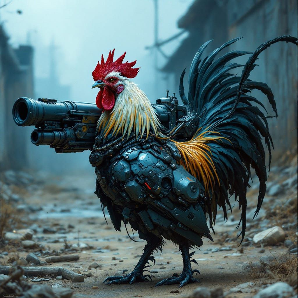 Cyberpunk Rooster with Cannon, Cool Blue Aesthetic