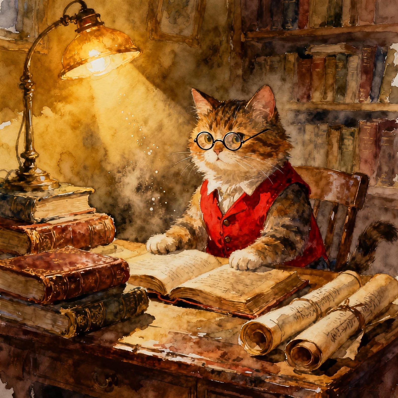Whimsical Cat Scholar in Cozy Study, Watercolor Style