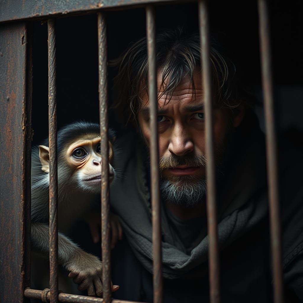 Man Trapped in Cage, Observed by Fearful Monkey in Gritty Fi...