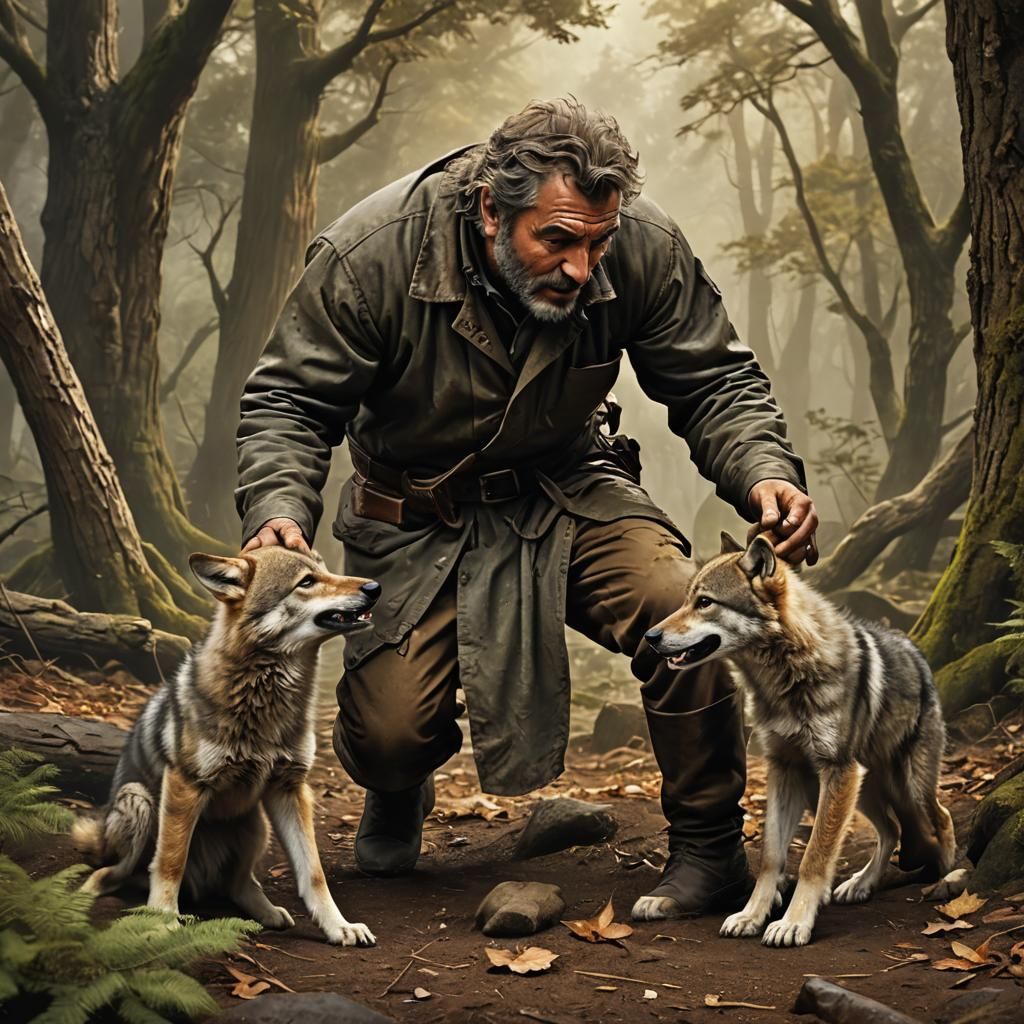 Man Trains Wolf Cub: Fantasy Concept Art