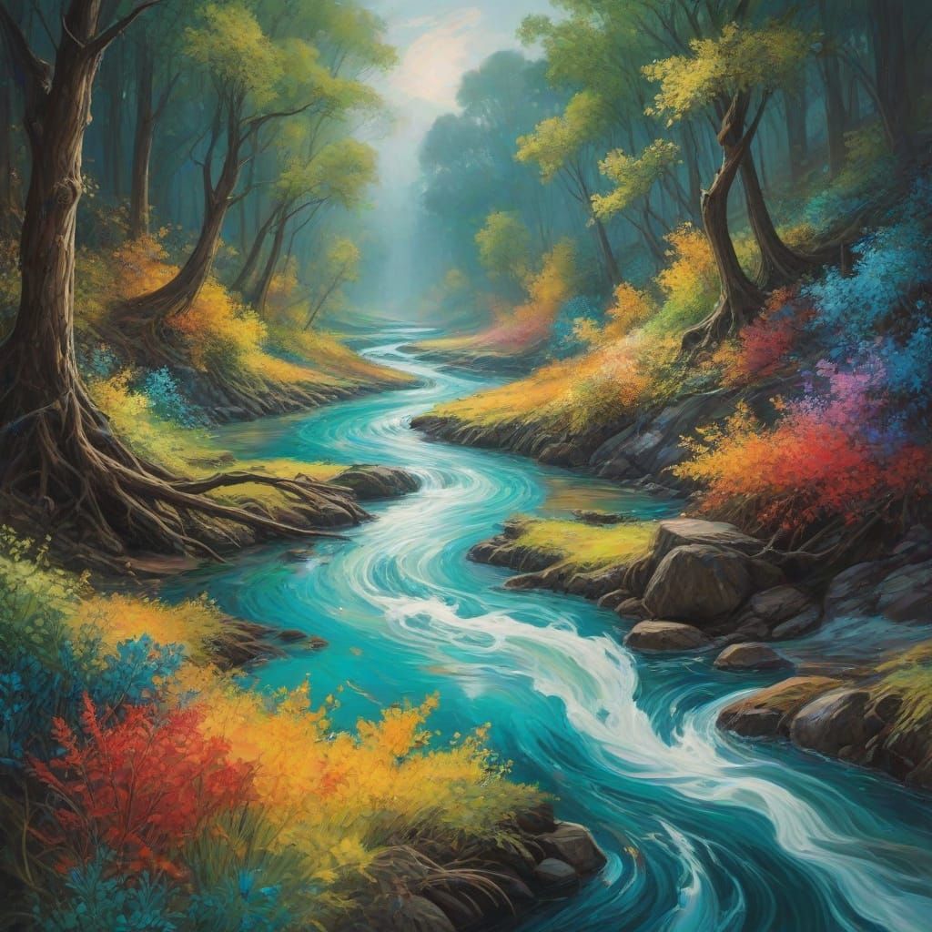 River of Swirling Oil Paint in a Surreal Dreamscape