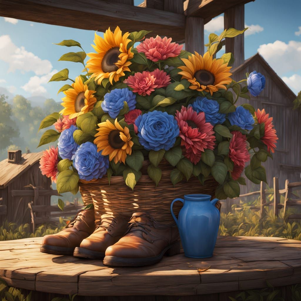 Vibrant Fantasy Scene with Sunflowers and Roses in a Barn