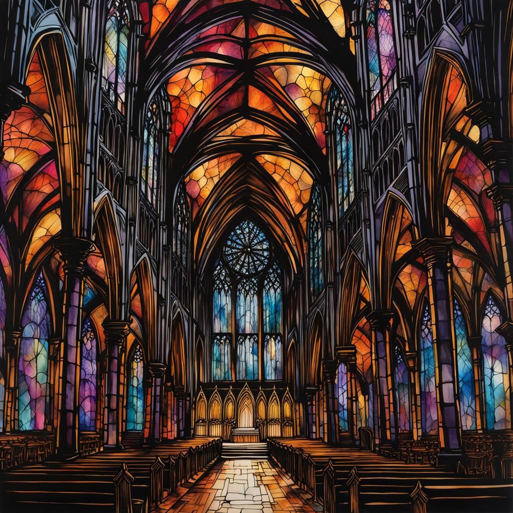 Gothic Cathedral Interior in Spiderwebs, Alcohol Ink Art