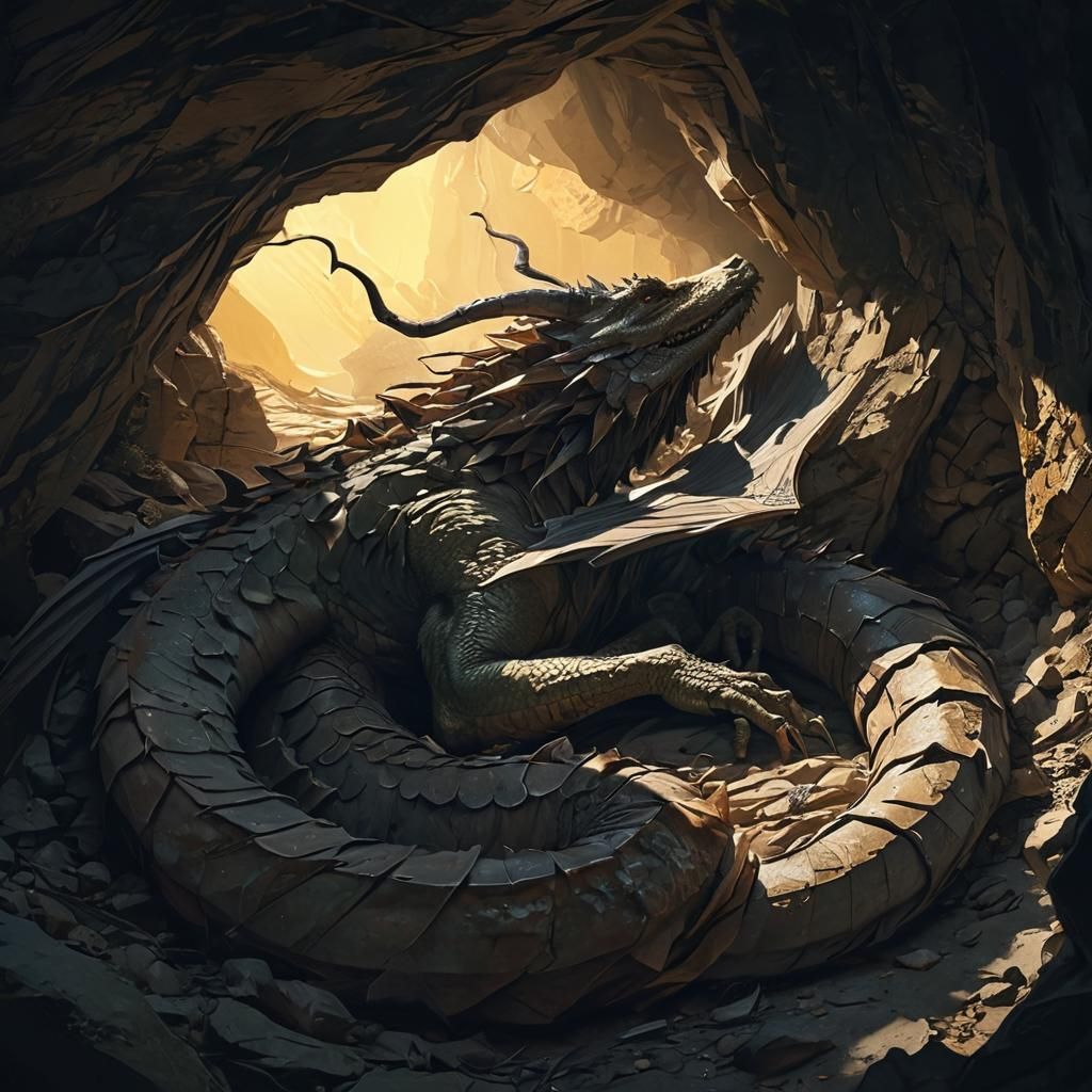 Sleeping Dragon in Cave, Hyperdetailed Fantasy Art