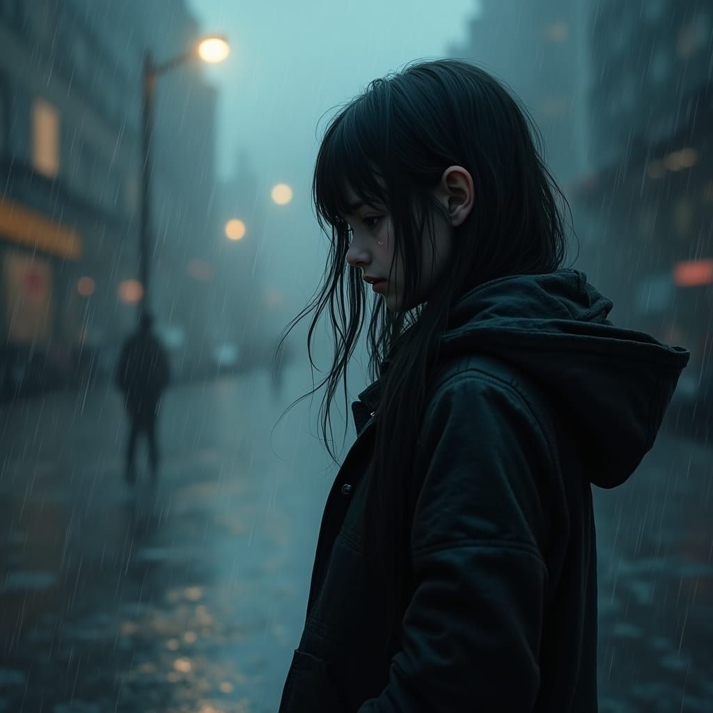 Melancholy Girl in Rainy City Street at Night