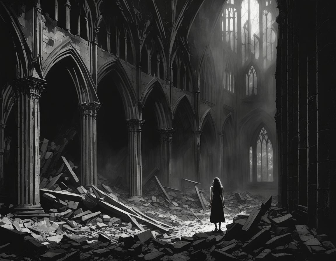 Noir Female Werewolf in Gothic Cathedral Ruins