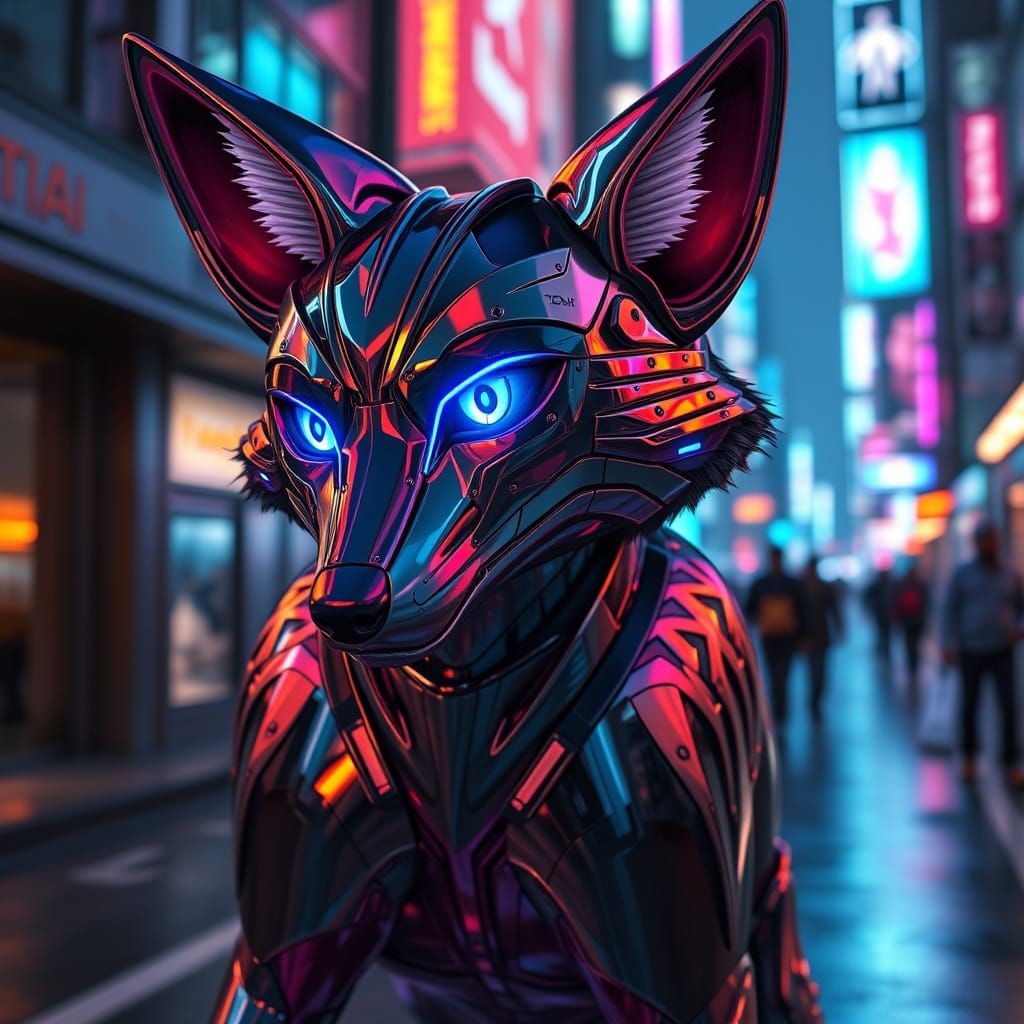 Chrome Fox Navigates Neon Cyberpunk City Street
