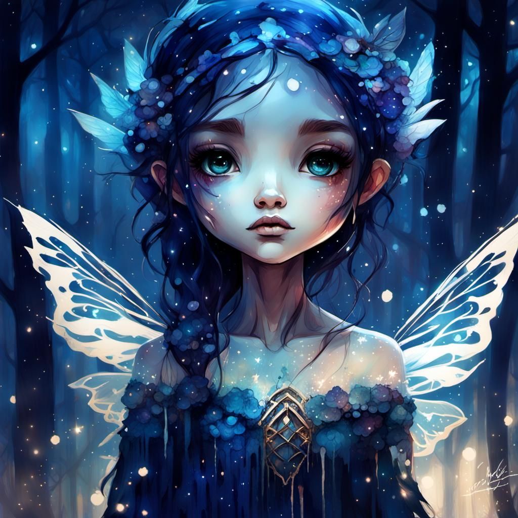 Indigo Night Fairy Girl: Detailed Sketch Illustration