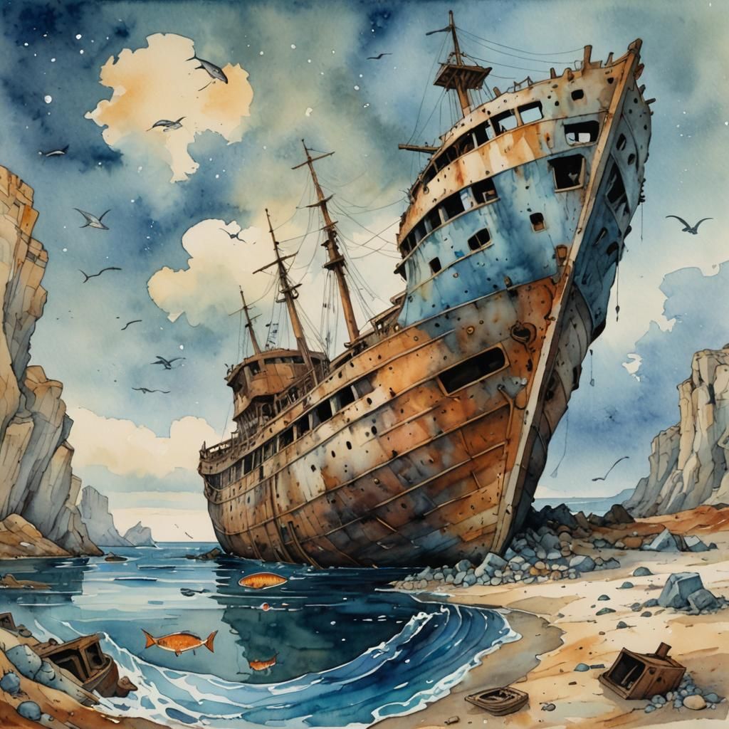 Surreal Shipwreck: Watercolor Illustration in Manara Style