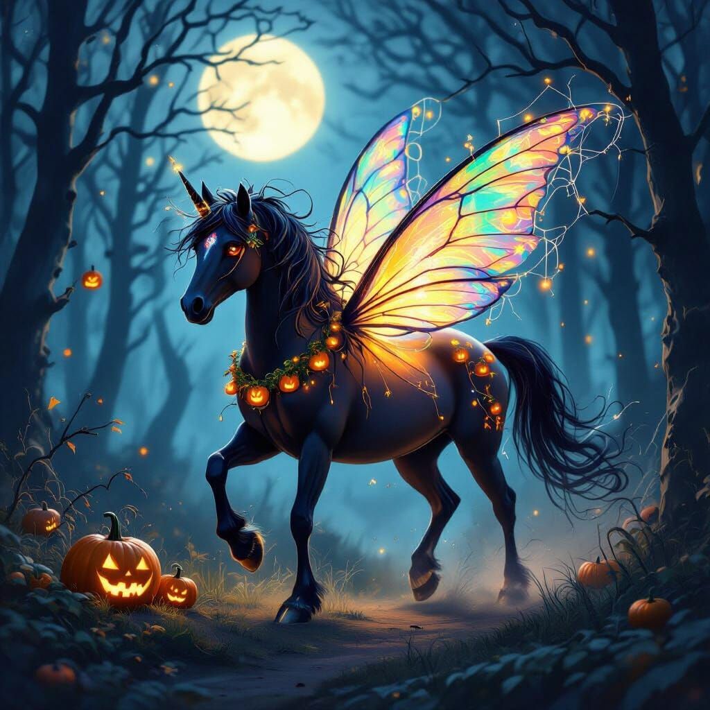 Whimsical Halloween Fairy Horse in Enchanted Forest
