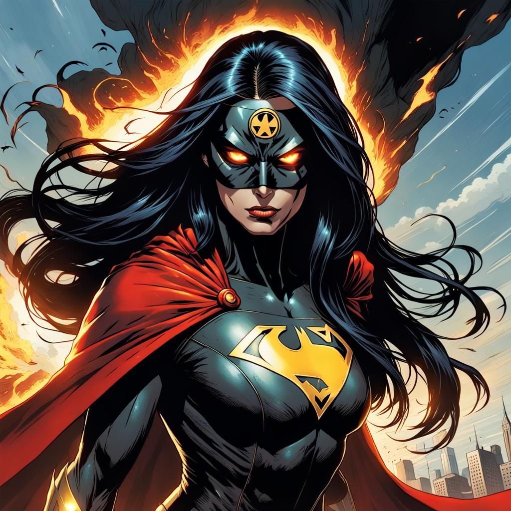 Glowing Superheroine Flies in Comic Book Art Style