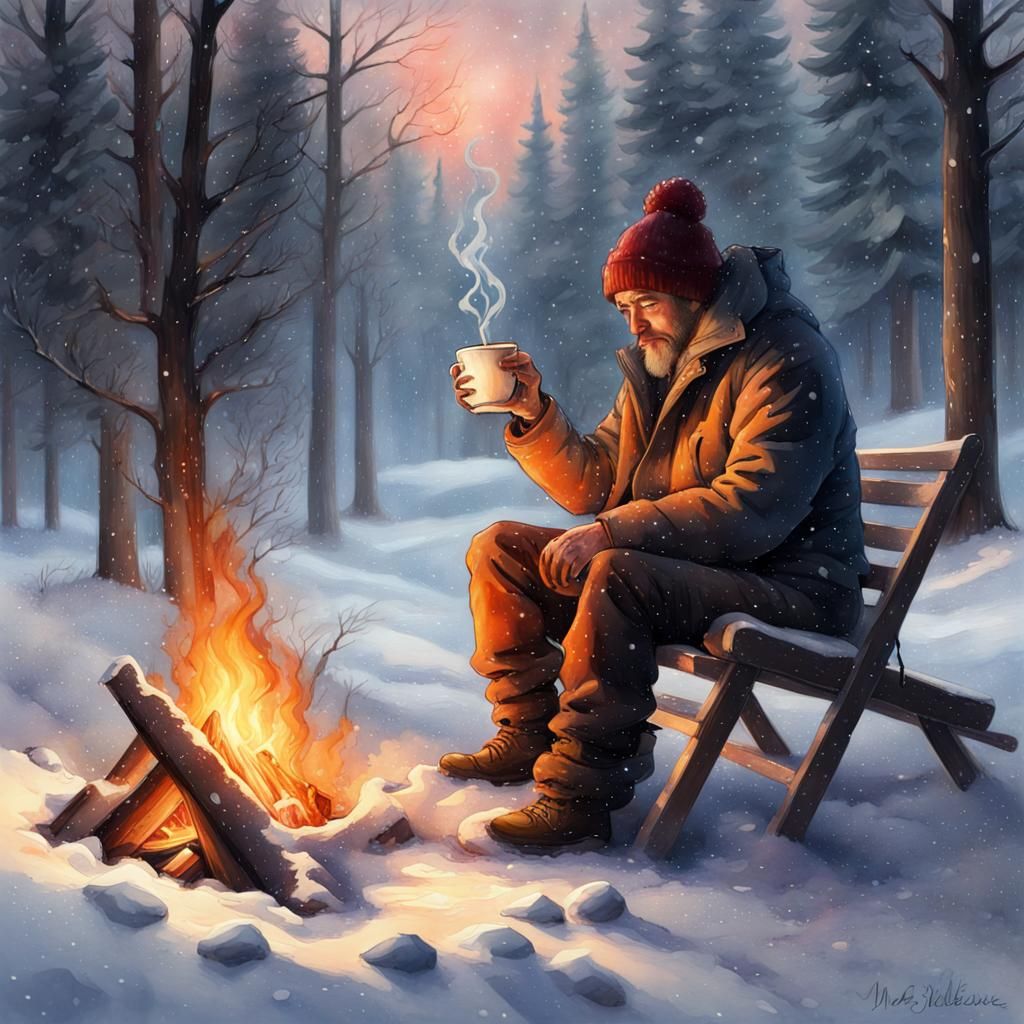 Watercolor Man by Campfire in Snowy Woods