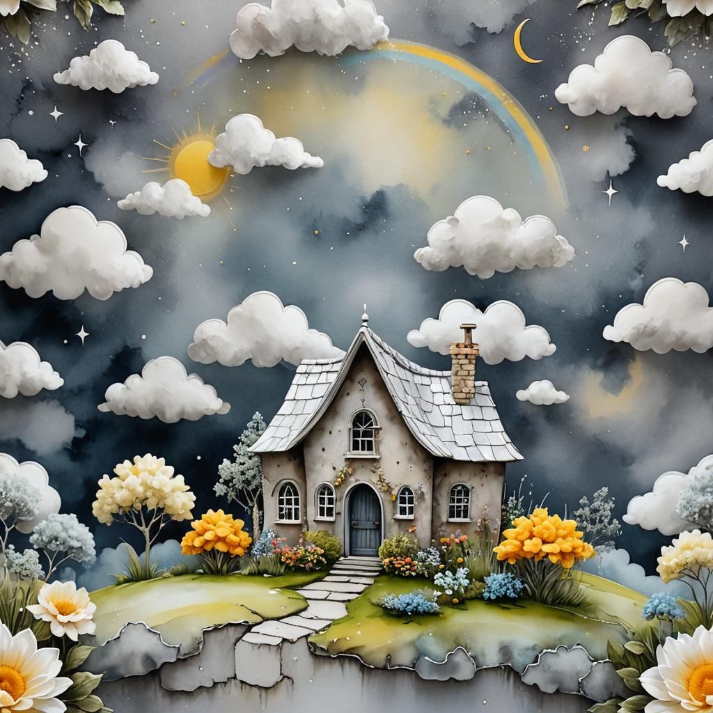 A background whimsical cottage and silver watercolor alcohol...