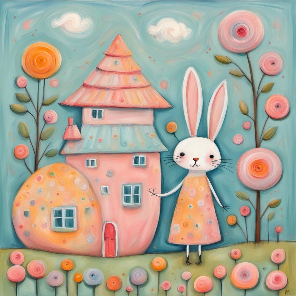 Whimsical Folk Art Illustration in Pastel Impasto