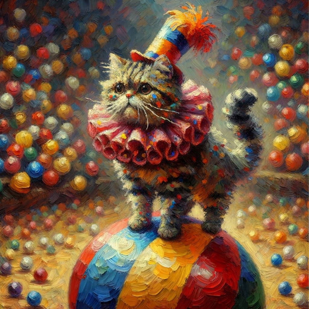 Circus Cat Balancing: Expressionist Oil Painting