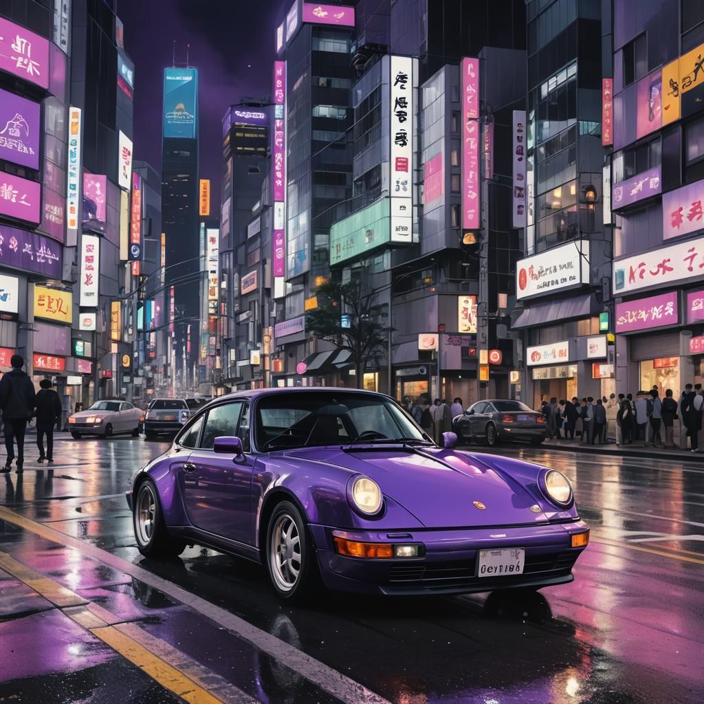 Porsche 964 on Shibuya Street in Anime Style