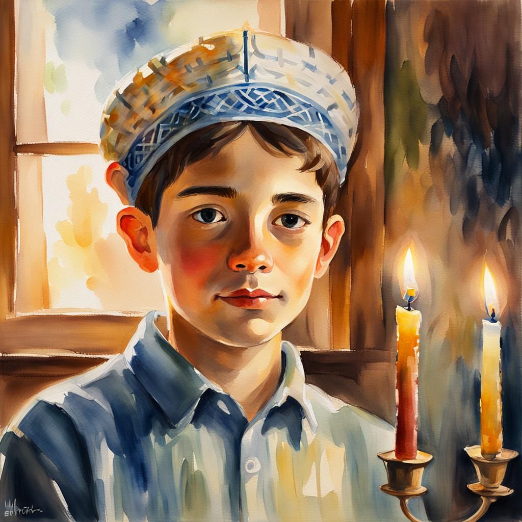 Watercolor Portrait of a Boy with Menorah