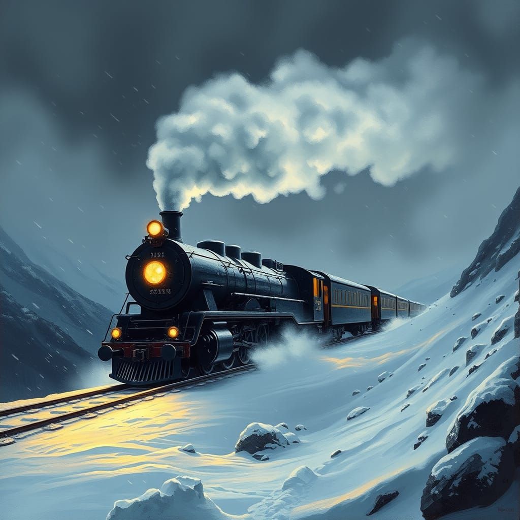 Majestic Steam Train in Mountain Blizzard