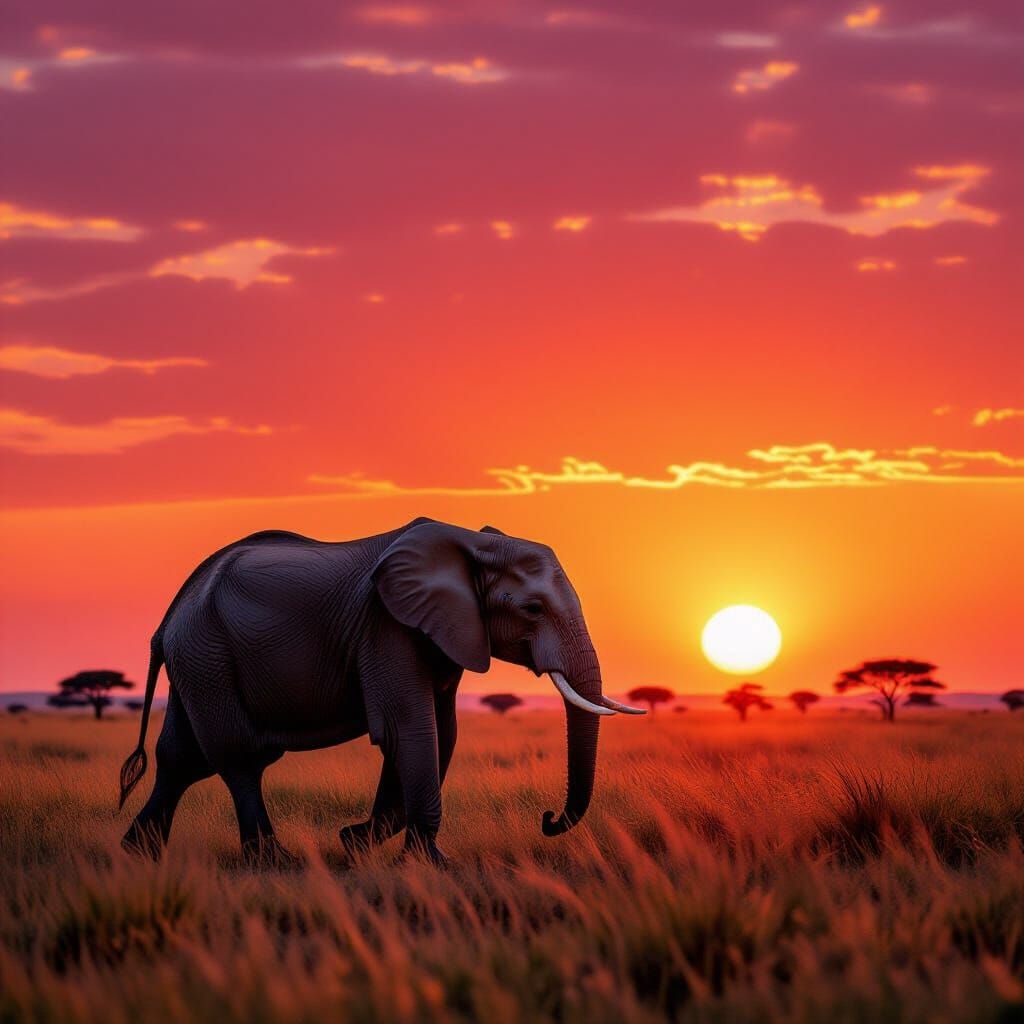 Elephant at Sunset: Photorealistic Savannah Landscape