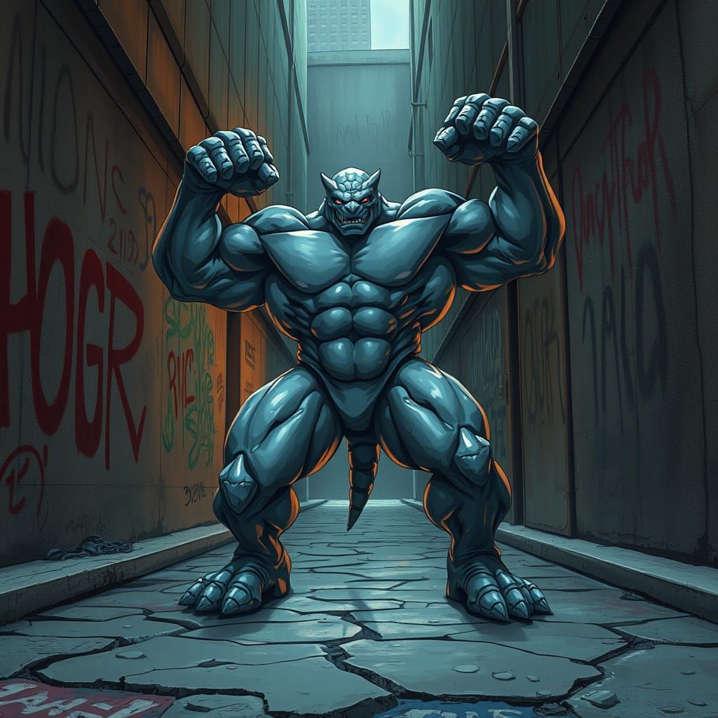 Machamp in Gritty Urban Alley, Inspired by Stalenhag and Syd...
