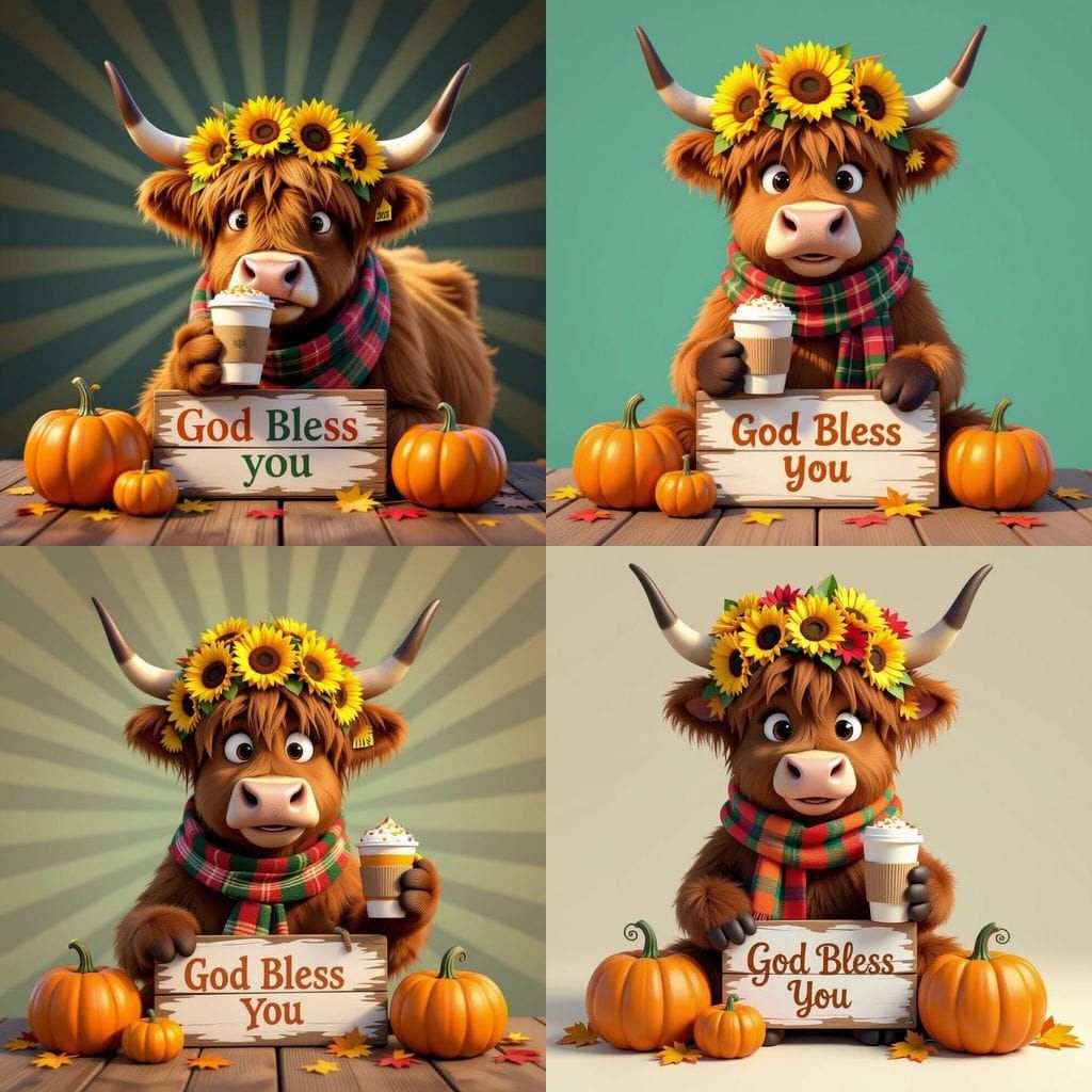 Highland Cow in Fall Adornments Holding Pumpkin Spice Latte