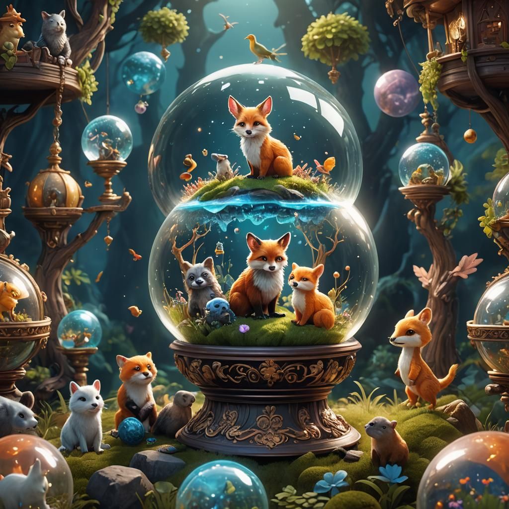 Cute Animals in Magic Globe: Fantasy Concept Art