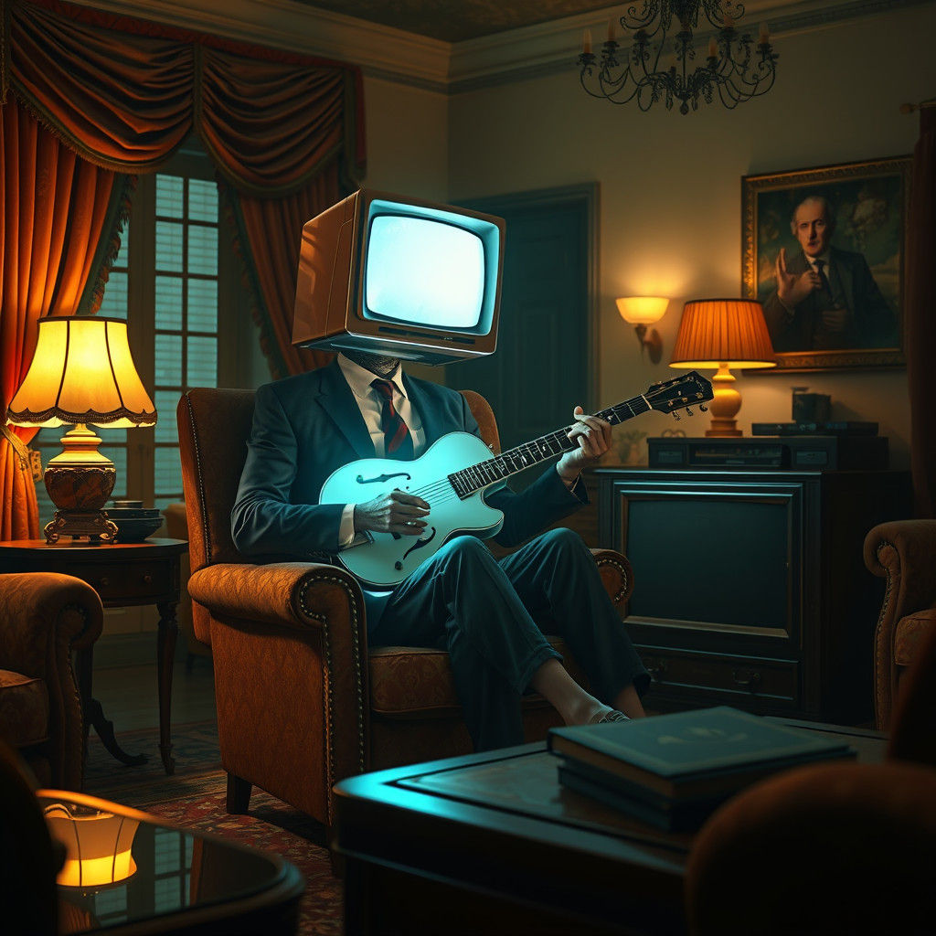Surreal TV Head Man Listens to Guitarist