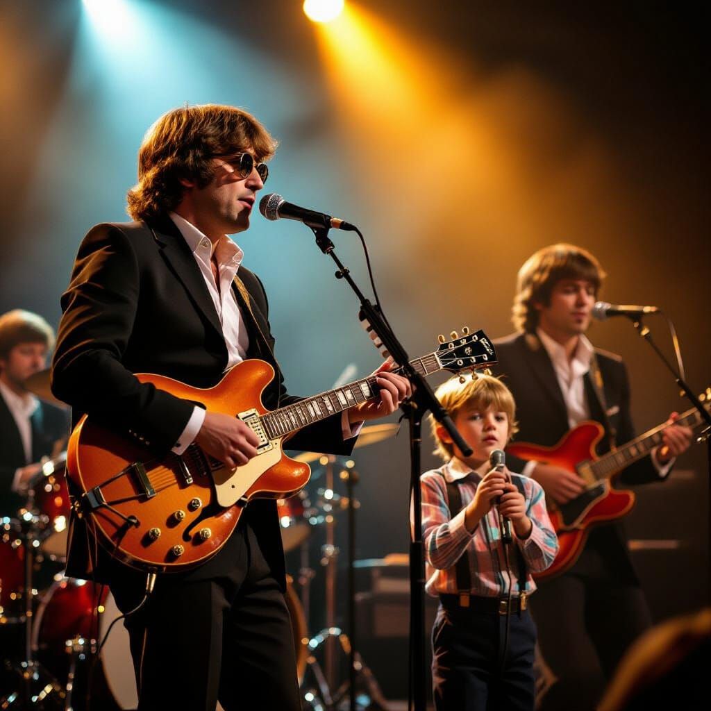 The Beatles Perform with Young Boy on Stage, Golden Hour Glo...