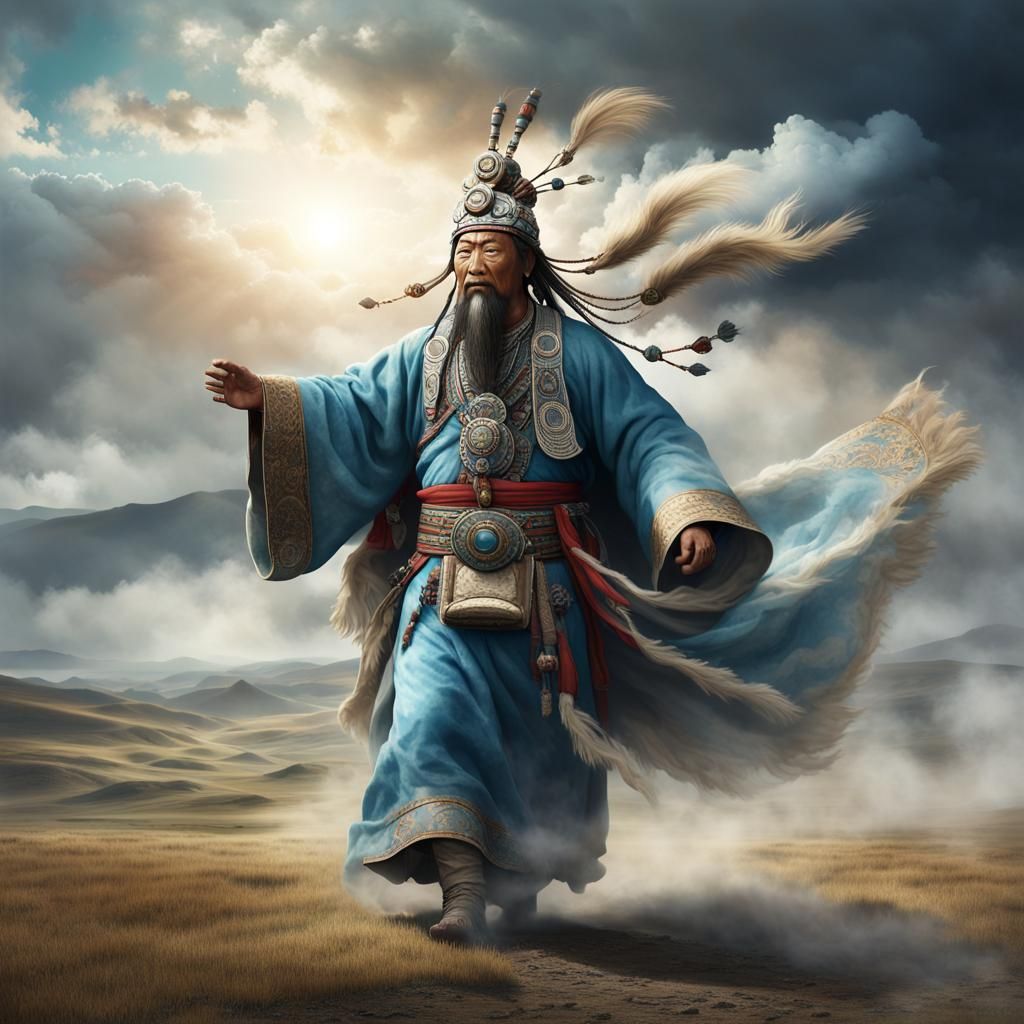 Mongolian Shaman in Steppe Landscape, Digital Painting