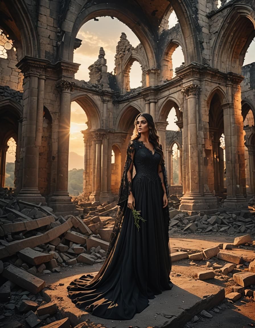 Woman in Black Wedding Dress at Church Ruins