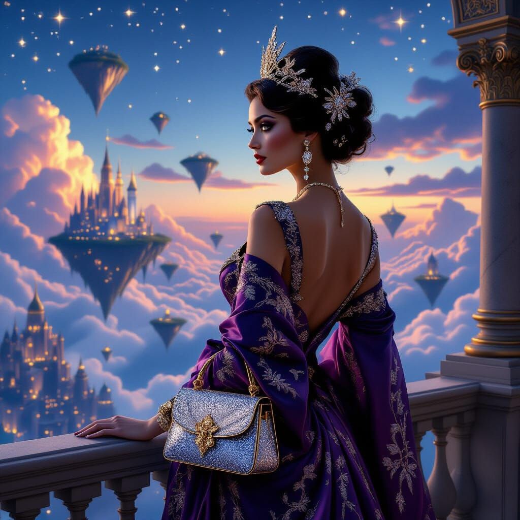 Regal Woman in Jewel Silks with Shimmering Handbag