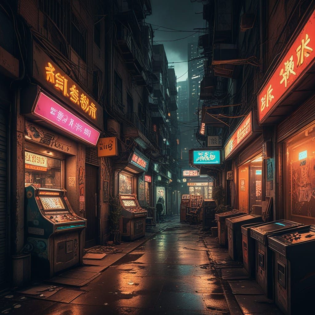 Gritty Cyberpunk Arcade Scene