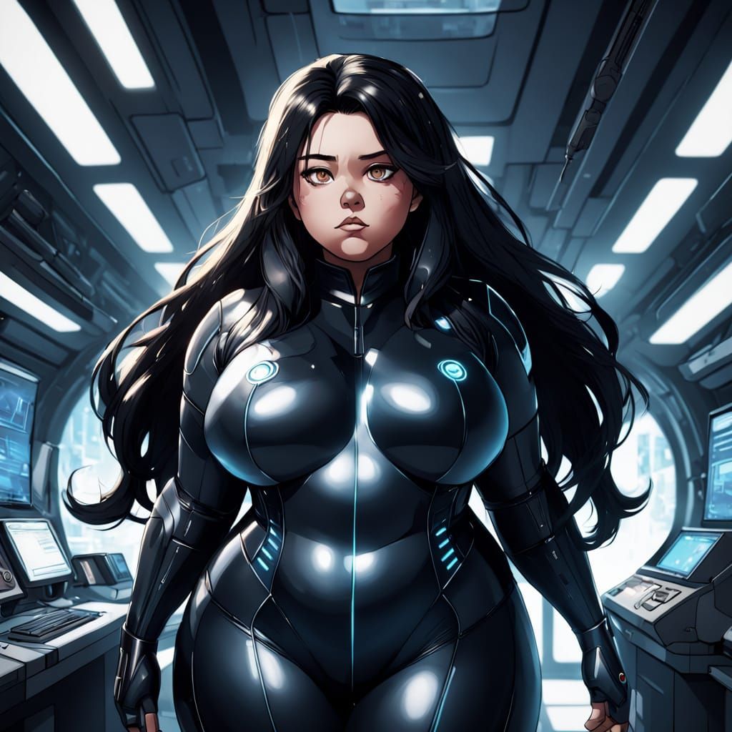 A Futuristic Plus-Sized Scientist in a Hi-Tech Environment