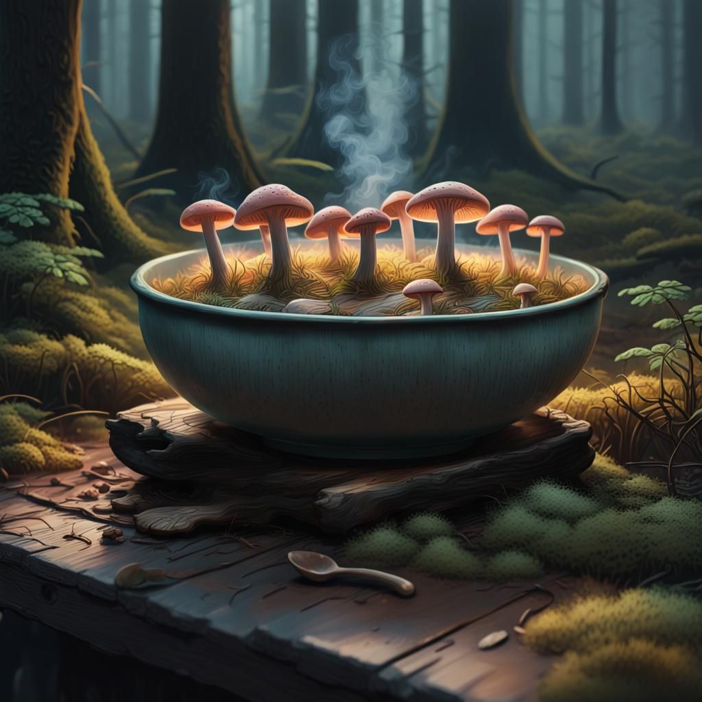 Hyperrealistic Mycelium Stew in Mystical Forest