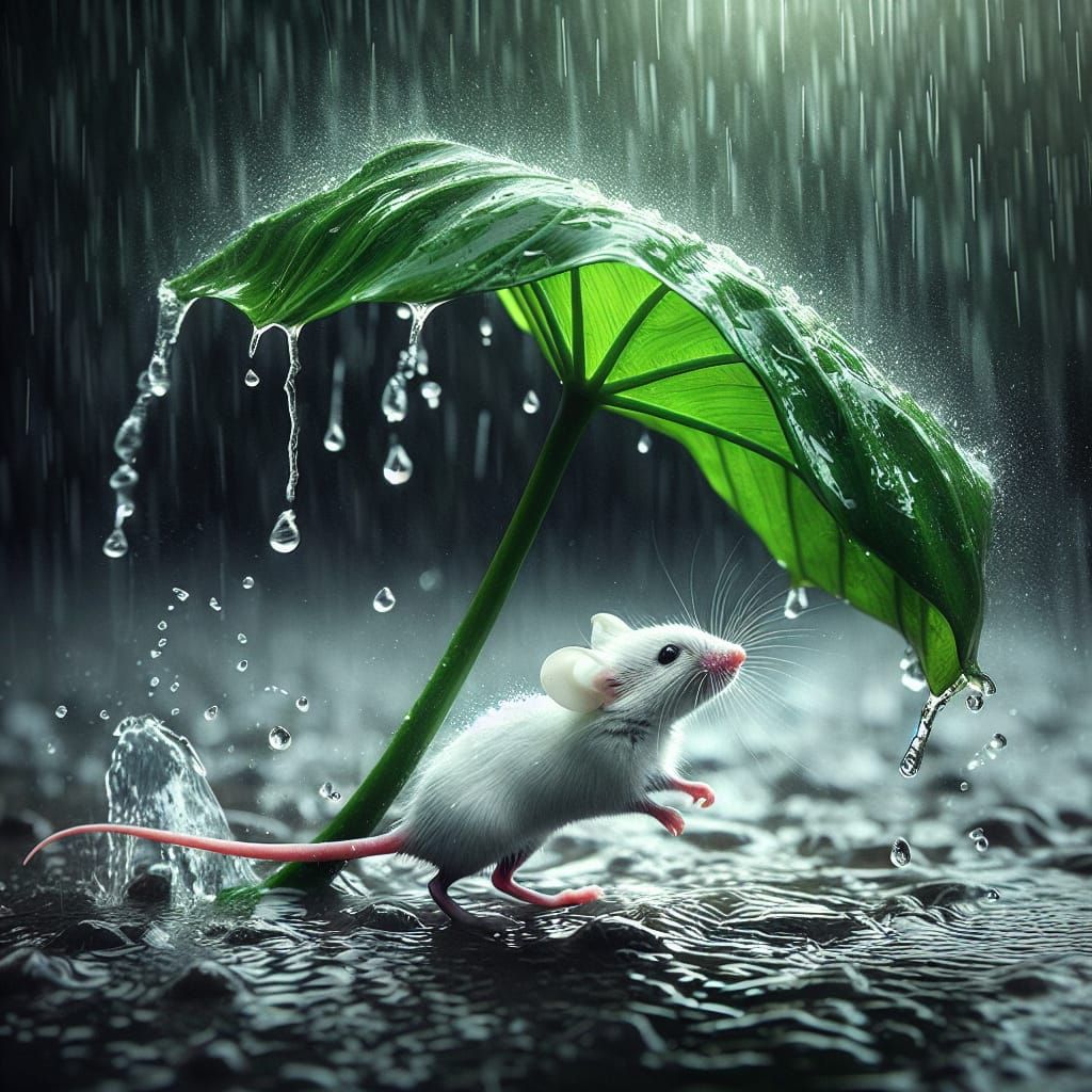 Mouse Uses Leaf as Umbrella in Rain