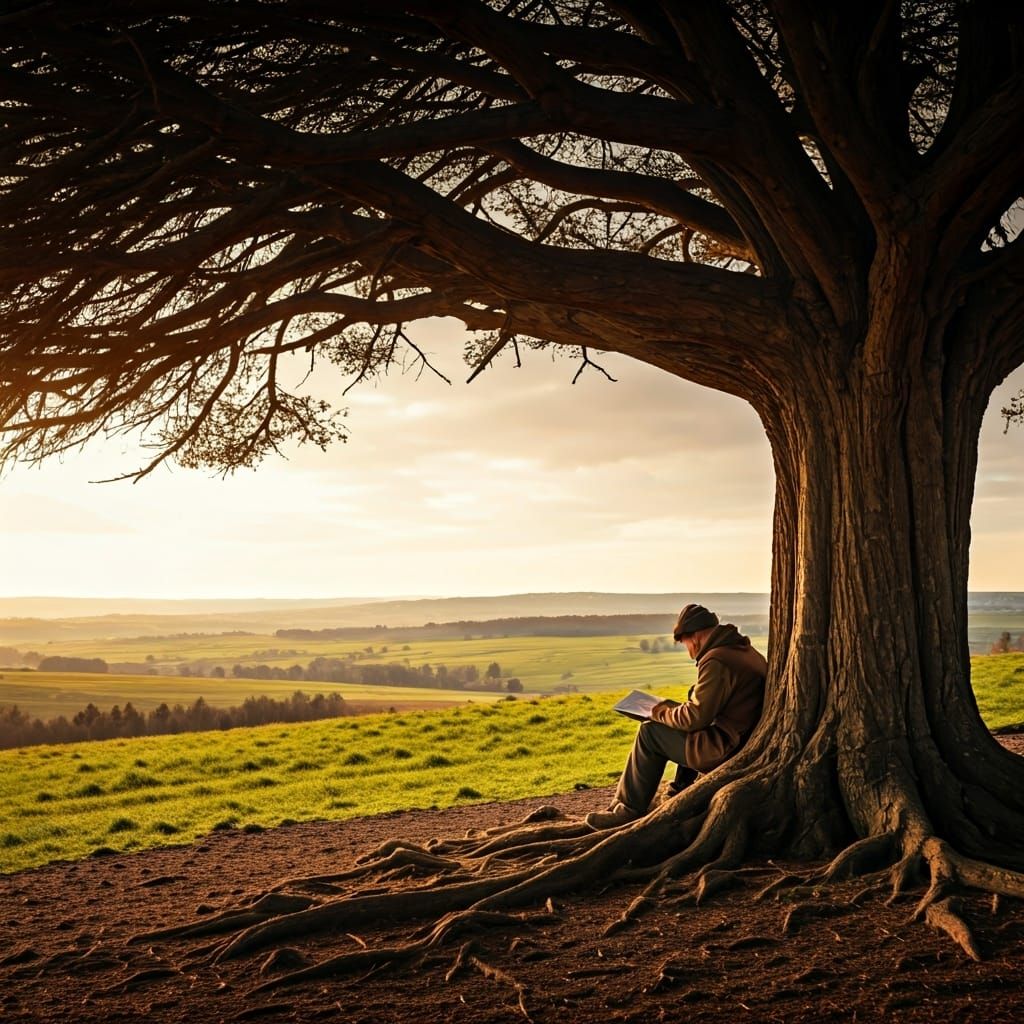 Contemplative Figure Beneath Sprawling Tree at Sunset