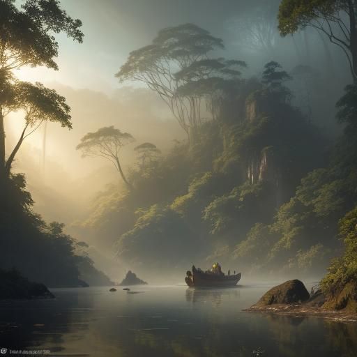 Alien Paddling Canoe on Jungle River in Golden Light
