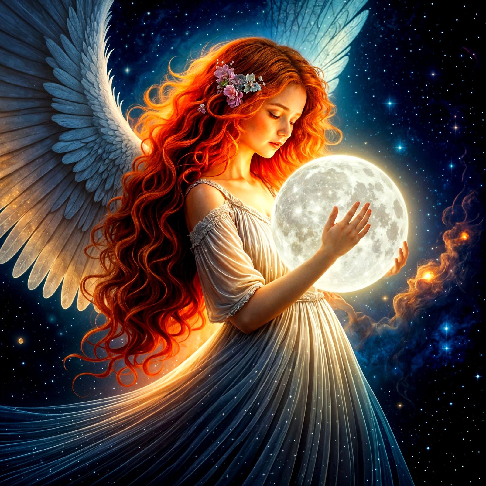 Angel Embracing the Silvery Moon in a Celestial Galaxy