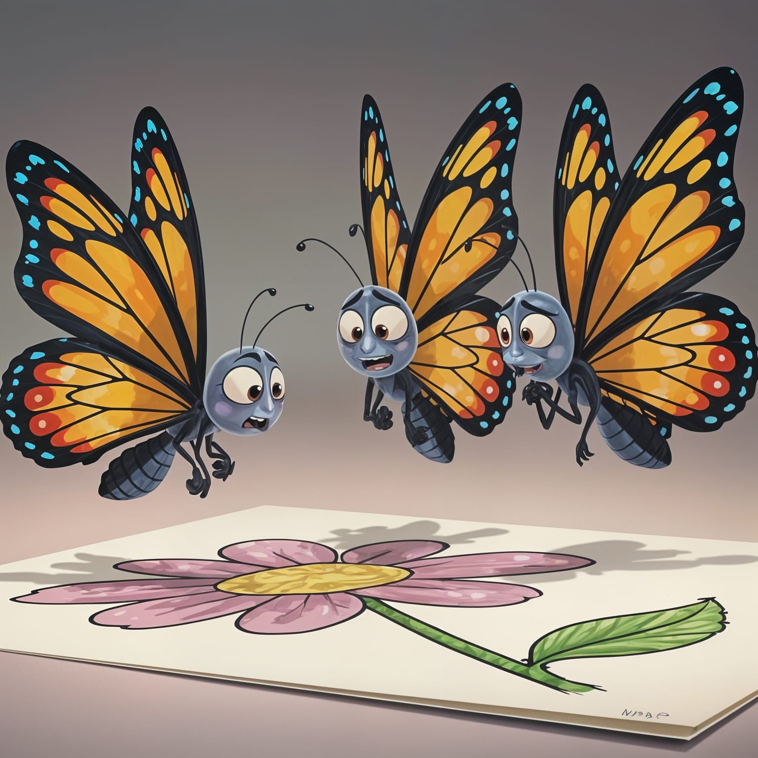 Cartoon Butterflies Confused by Flower Drawing: Pixar Style