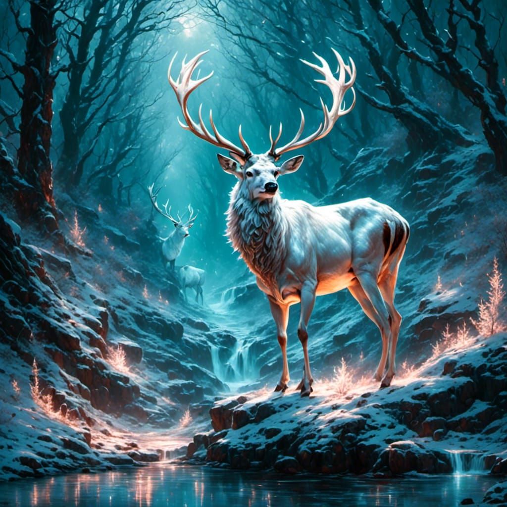 Majestic White Stag with Magical Glow