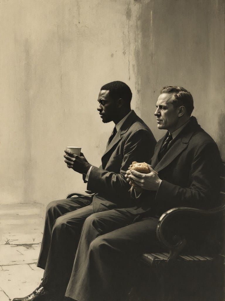 1930s Bus Stop: Men Waiting in Charcoal Style