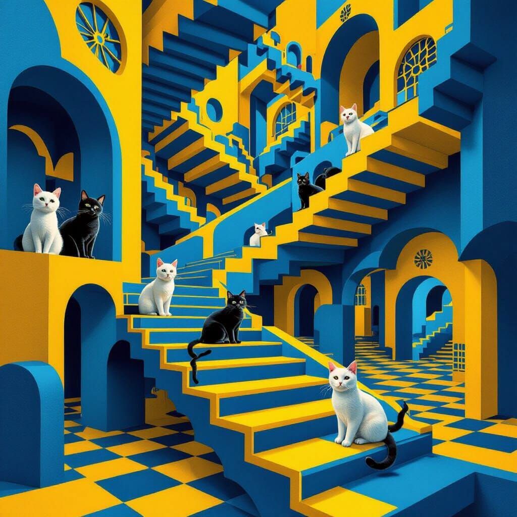 Escher Style Cats Ascend Impossible Staircases