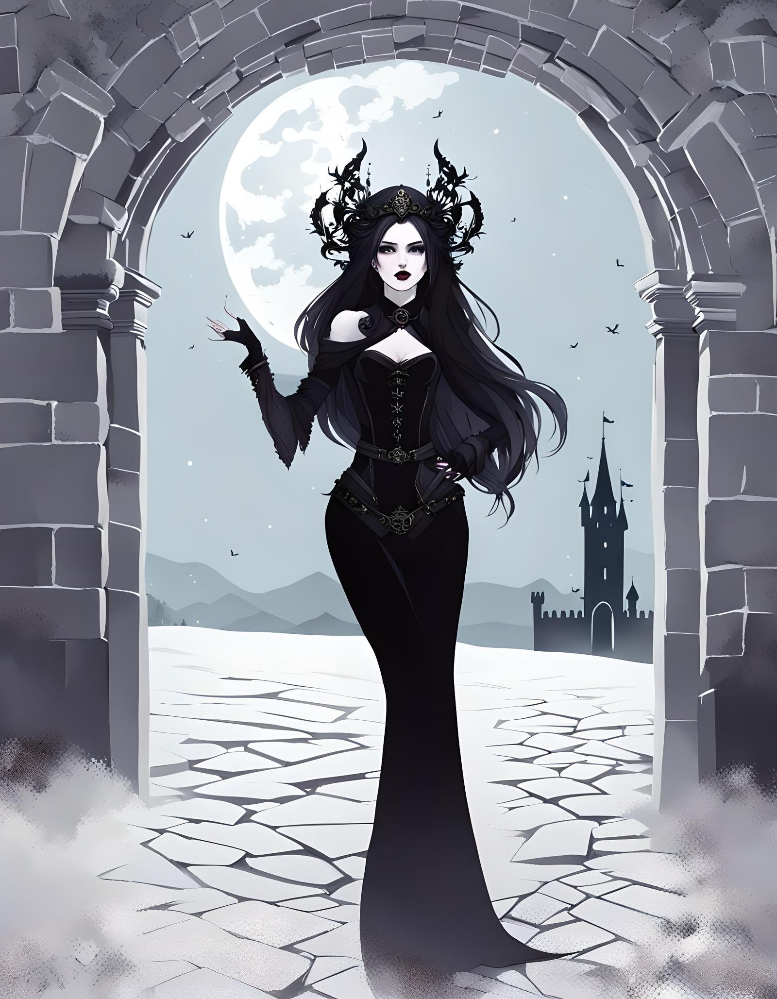 Moonlit Goth Woman in Castle Doorway