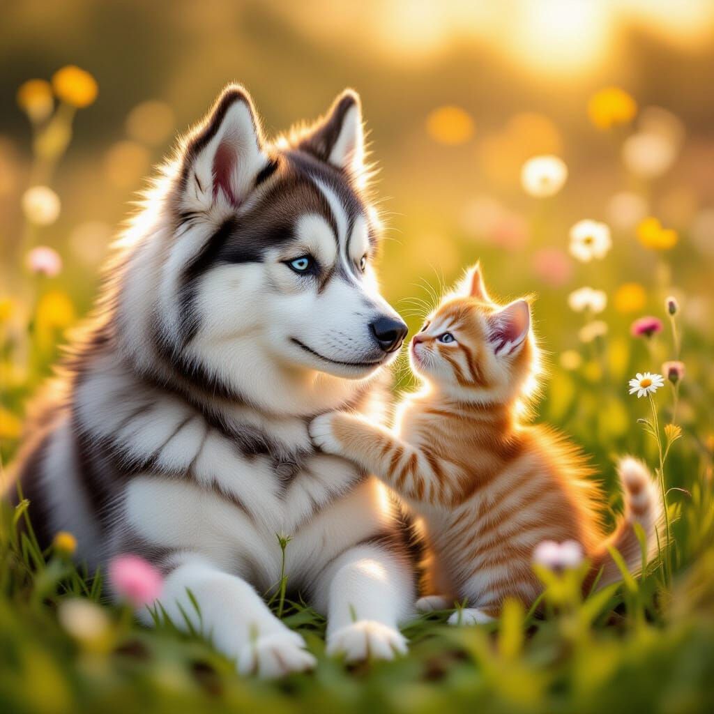 Husky and Kitten in Sunlit Meadow