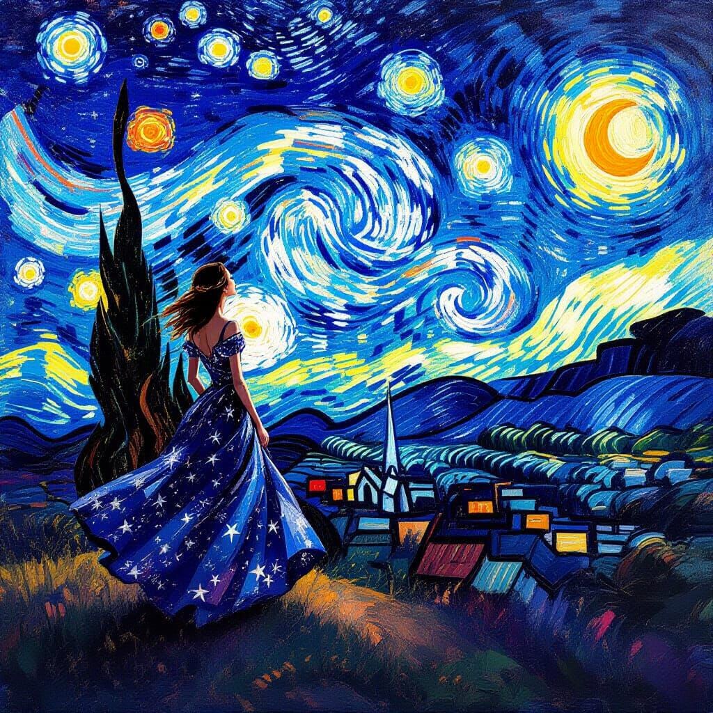 Celestial Woman Gazing at Starry Night Sky