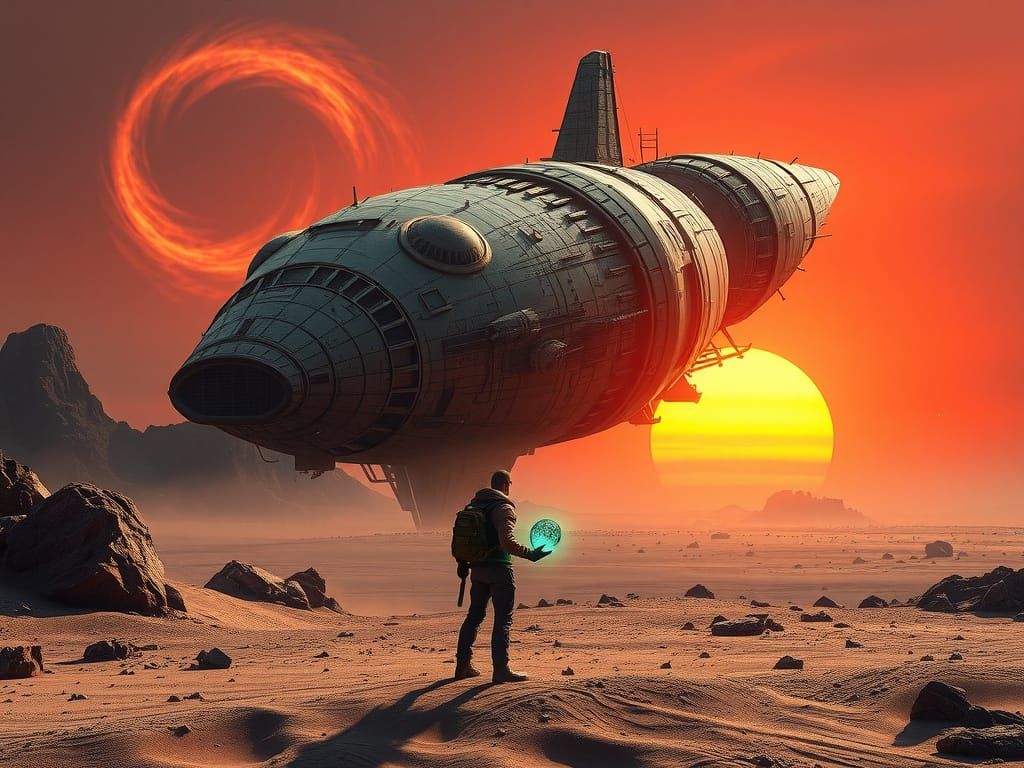 Explorer Discovers Derelict Spaceship on Alien Planet