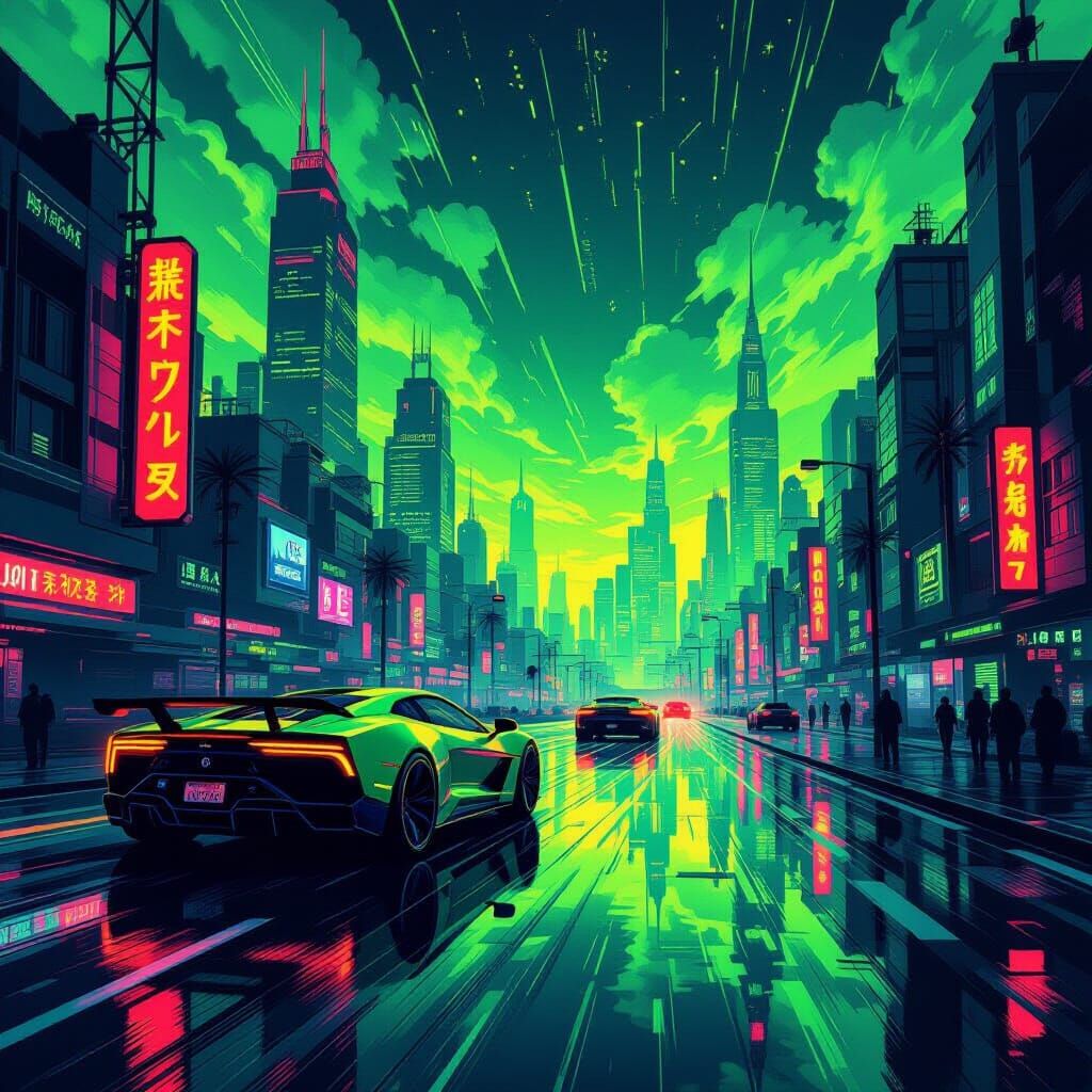 Neon Green and Orange Cyberpunk Landscape