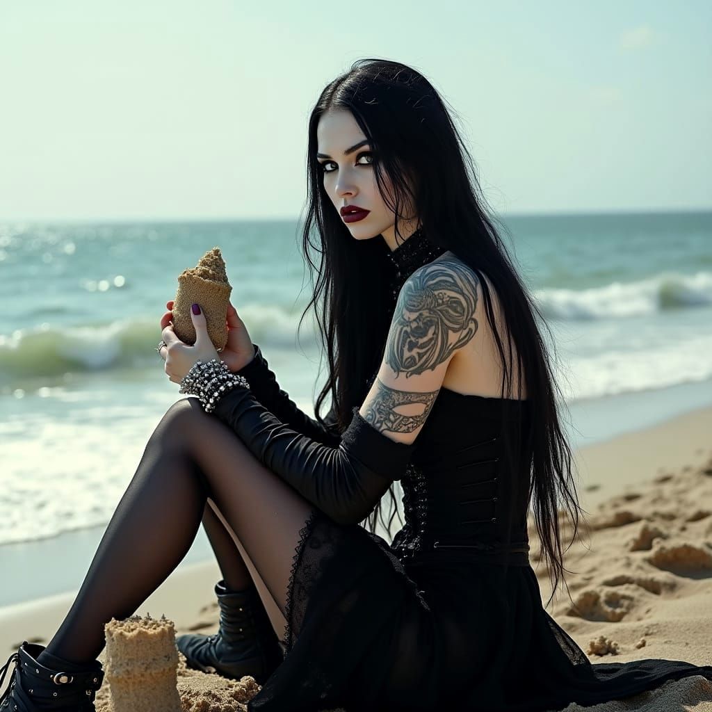 Gothic Woman Sunbathing and Building Sandcastle