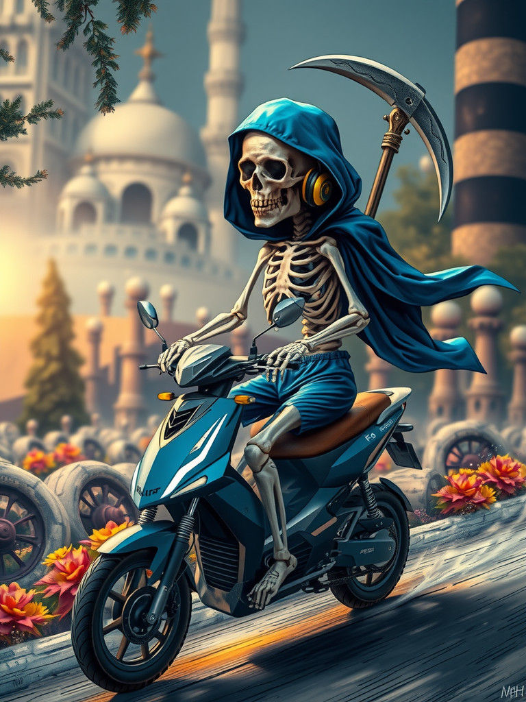 Grim Reaper Balances on Electric Scooter