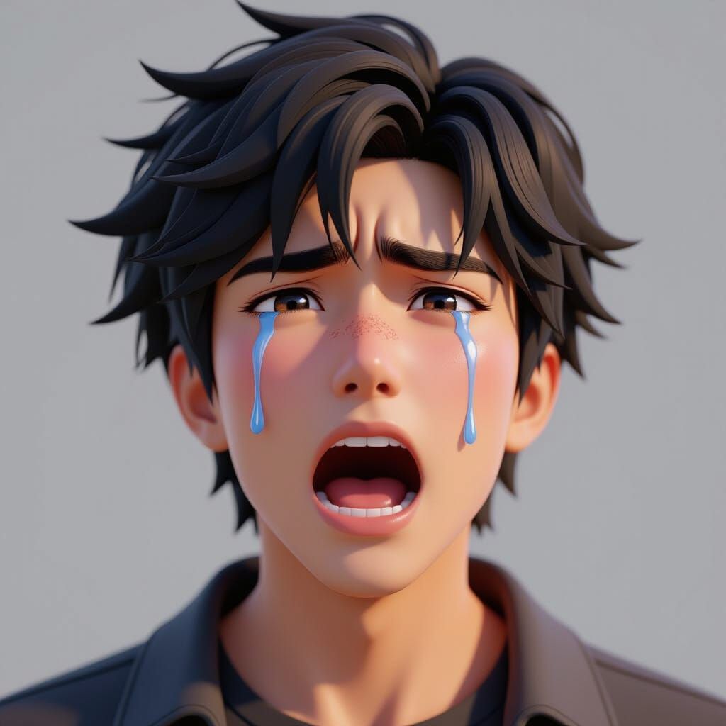 Screaming Man with Tears in 3D Anime Style